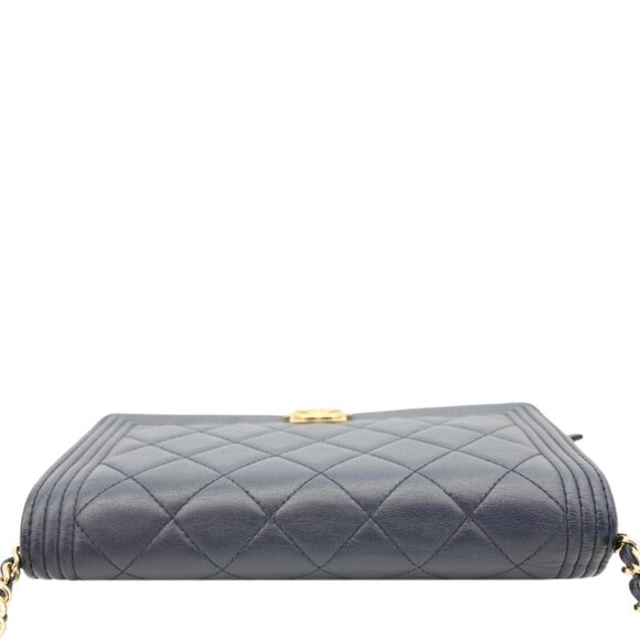 Chanel  Boy Quilted Calfskin Leather Wallet On Chain Crossbody Bag Navy Blue - Picture 5 of 15